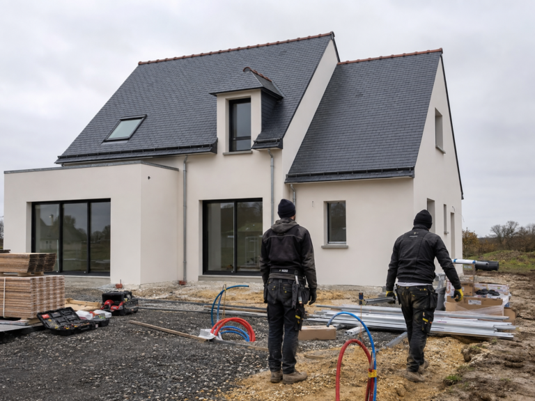 Maison individuelle à toiture ardoise en cours de construction dans le Maine-et-Loire