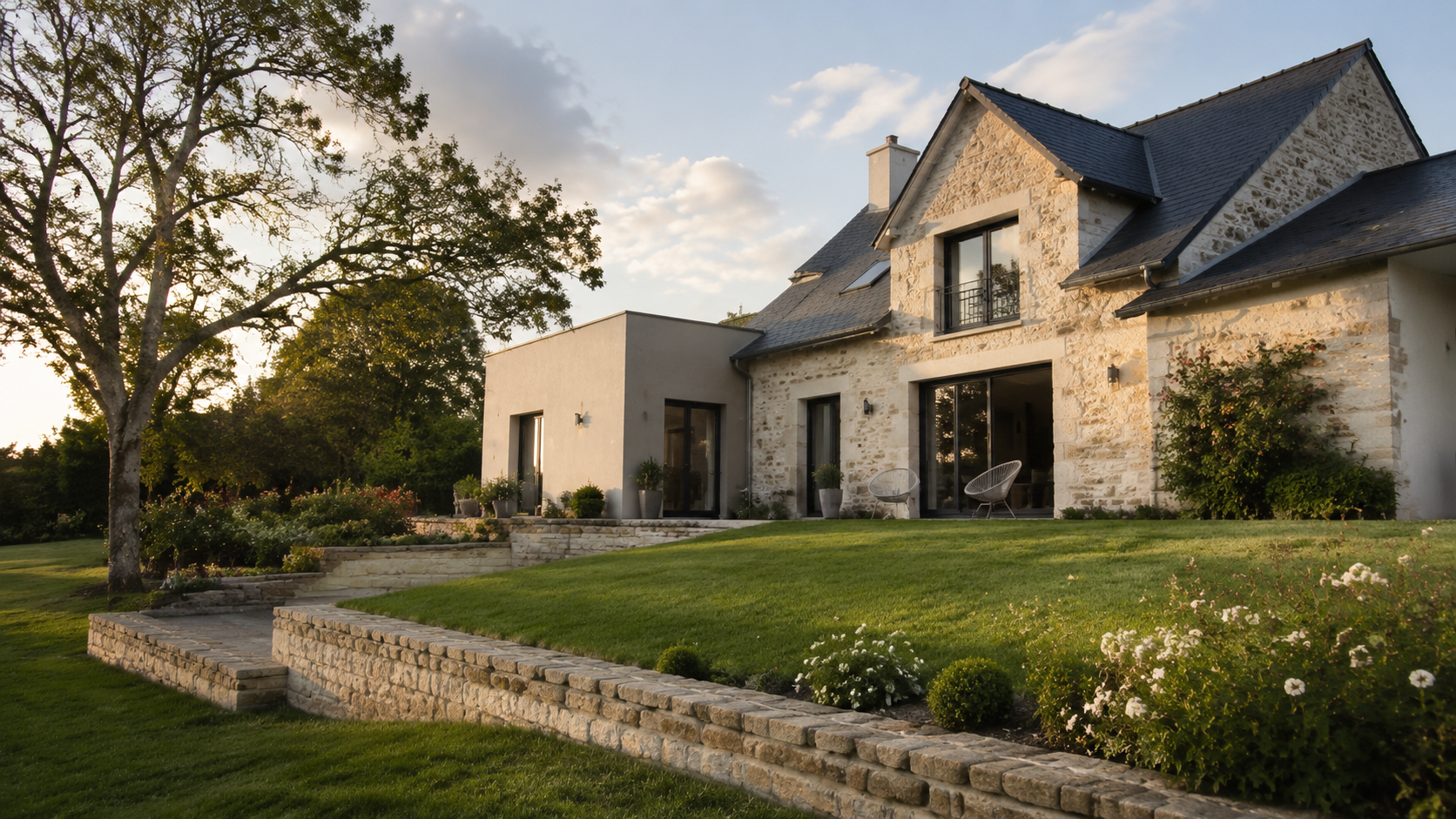Maison contemporaine avec toiture en ardoise et façade en pierre claire près d’Angers